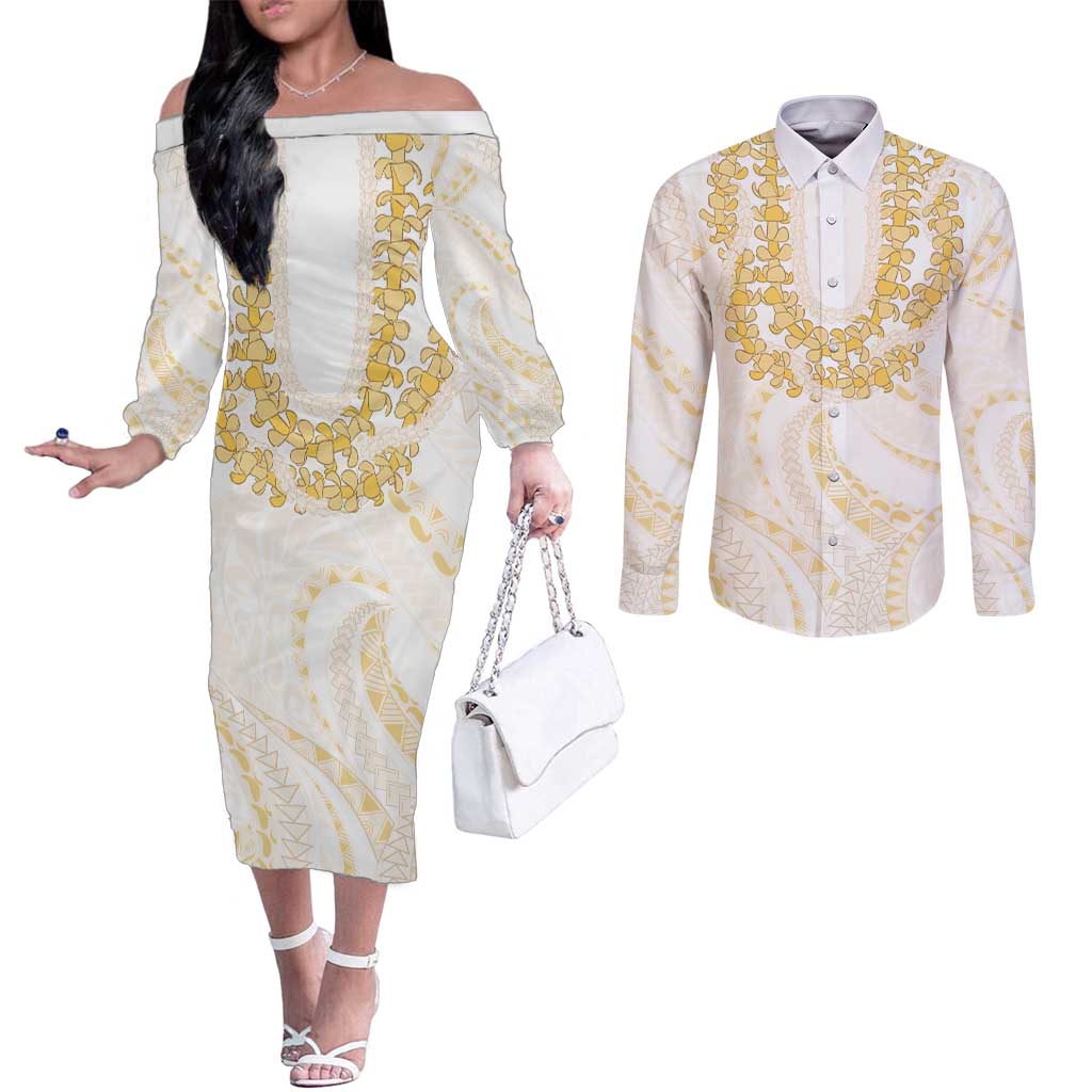 Aloha Lei Onaona Couples Matching Off The Shoulder Long Sleeve Dress and Long Sleeve Button Shirt Beige Hawaiian Tribal Pattern LT9 Beige - Polynesian Pride
