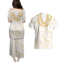 Aloha Lei Onaona Couples Matching Puletasi and Hawaiian Shirt Beige Hawaiian Tribal Pattern LT9 - Polynesian Pride