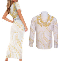 Aloha Lei Onaona Couples Matching Short Sleeve Bodycon Dress and Long Sleeve Button Shirt Beige Hawaiian Tribal Pattern LT9 - Polynesian Pride
