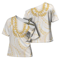 Aloha Lei Onaona Cross Shoulder Shirt Beige Hawaiian Tribal Pattern - Polynesian Pride