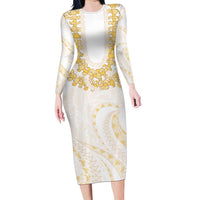 Aloha Lei Onaona Family Matching Long Sleeve Bodycon Dress and Hawaiian Shirt Beige Hawaiian Tribal Pattern LT9 Mom's Dress Beige - Polynesian Pride