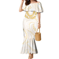 Aloha Lei Onaona Family Matching Mermaid Dress and Hawaiian Shirt Beige Hawaiian Tribal Pattern LT9 Mom's Dress Beige - Polynesian Pride