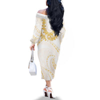 Aloha Lei Onaona Family Matching Off The Shoulder Long Sleeve Dress and Hawaiian Shirt Beige Hawaiian Tribal Pattern