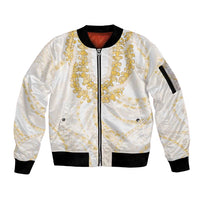 Aloha Lei Onaona Sleeve Zip Bomber Jacket Beige Hawaiian Tribal Pattern