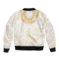 Aloha Lei Onaona Sleeve Zip Bomber Jacket Beige Hawaiian Tribal Pattern