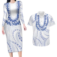 Aloha Lei Onaona Couples Matching Long Sleeve Bodycon Dress and Hawaiian Shirt Navy Blue Hawaiian Tribal Pattern LT9 Blue - Polynesian Pride