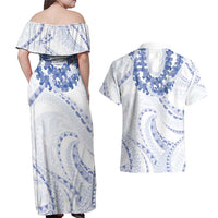 Aloha Lei Onaona Couples Matching Off Shoulder Maxi Dress and Hawaiian Shirt Navy Blue Hawaiian Tribal Pattern LT9 - Polynesian Pride