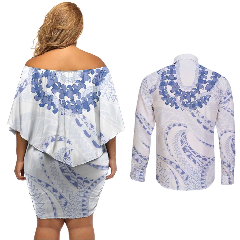 Aloha Lei Onaona Couples Matching Off Shoulder Short Dress and Long Sleeve Button Shirt Navy Blue Hawaiian Tribal Pattern LT9 - Polynesian Pride