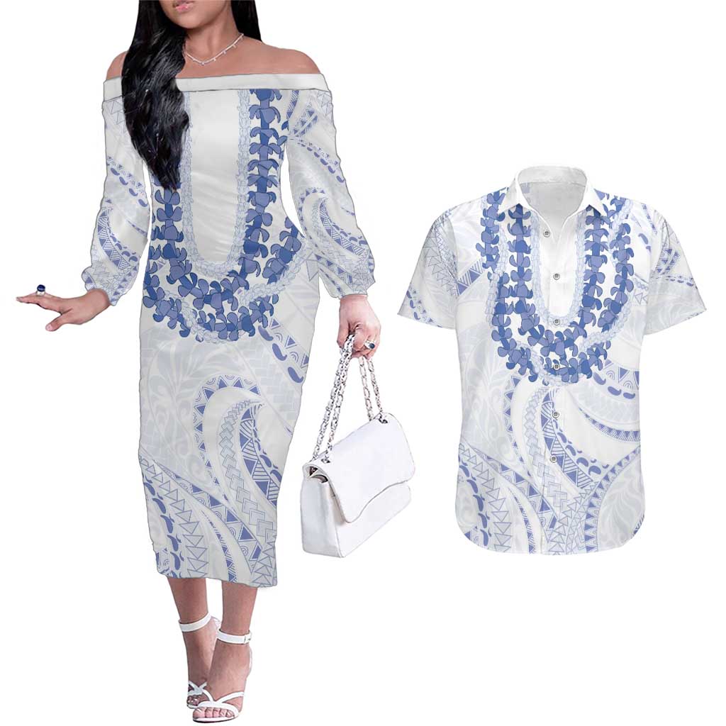 Aloha Lei Onaona Couples Matching Off The Shoulder Long Sleeve Dress and Hawaiian Shirt Navy Blue Hawaiian Tribal Pattern