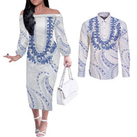Aloha Lei Onaona Couples Matching Off The Shoulder Long Sleeve Dress and Long Sleeve Button Shirt Navy Blue Hawaiian Tribal Pattern LT9 Blue - Polynesian Pride