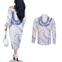 Aloha Lei Onaona Couples Matching Off The Shoulder Long Sleeve Dress and Long Sleeve Button Shirt Navy Blue Hawaiian Tribal Pattern LT9 - Polynesian Pride