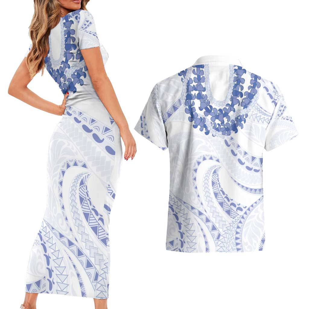 Aloha Lei Onaona Couples Matching Short Sleeve Bodycon Dress and Hawaiian Shirt Navy Blue Hawaiian Tribal Pattern LT9 - Polynesian Pride