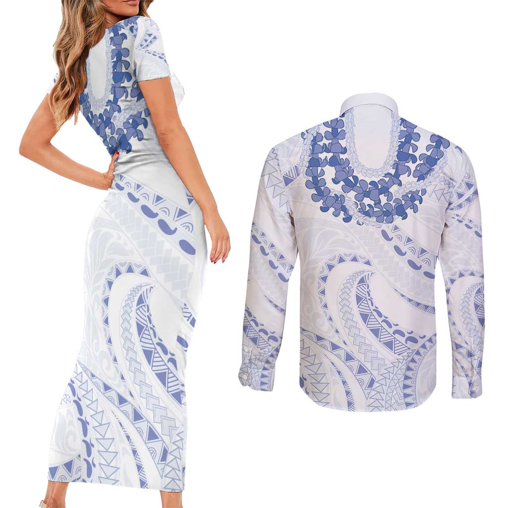 Aloha Lei Onaona Couples Matching Short Sleeve Bodycon Dress and Long Sleeve Button Shirt Navy Blue Hawaiian Tribal Pattern LT9 - Polynesian Pride