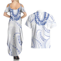 Aloha Lei Onaona Couples Matching Summer Maxi Dress and Hawaiian Shirt Navy Blue Hawaiian Tribal Pattern LT9 - Polynesian Pride