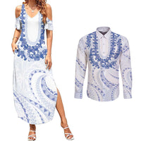 Aloha Lei Onaona Couples Matching Summer Maxi Dress and Long Sleeve Button Shirt Navy Blue Hawaiian Tribal Pattern LT9 Blue - Polynesian Pride
