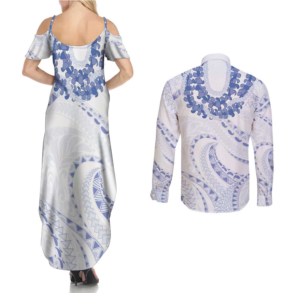 Aloha Lei Onaona Couples Matching Summer Maxi Dress and Long Sleeve Button Shirt Navy Blue Hawaiian Tribal Pattern LT9 - Polynesian Pride