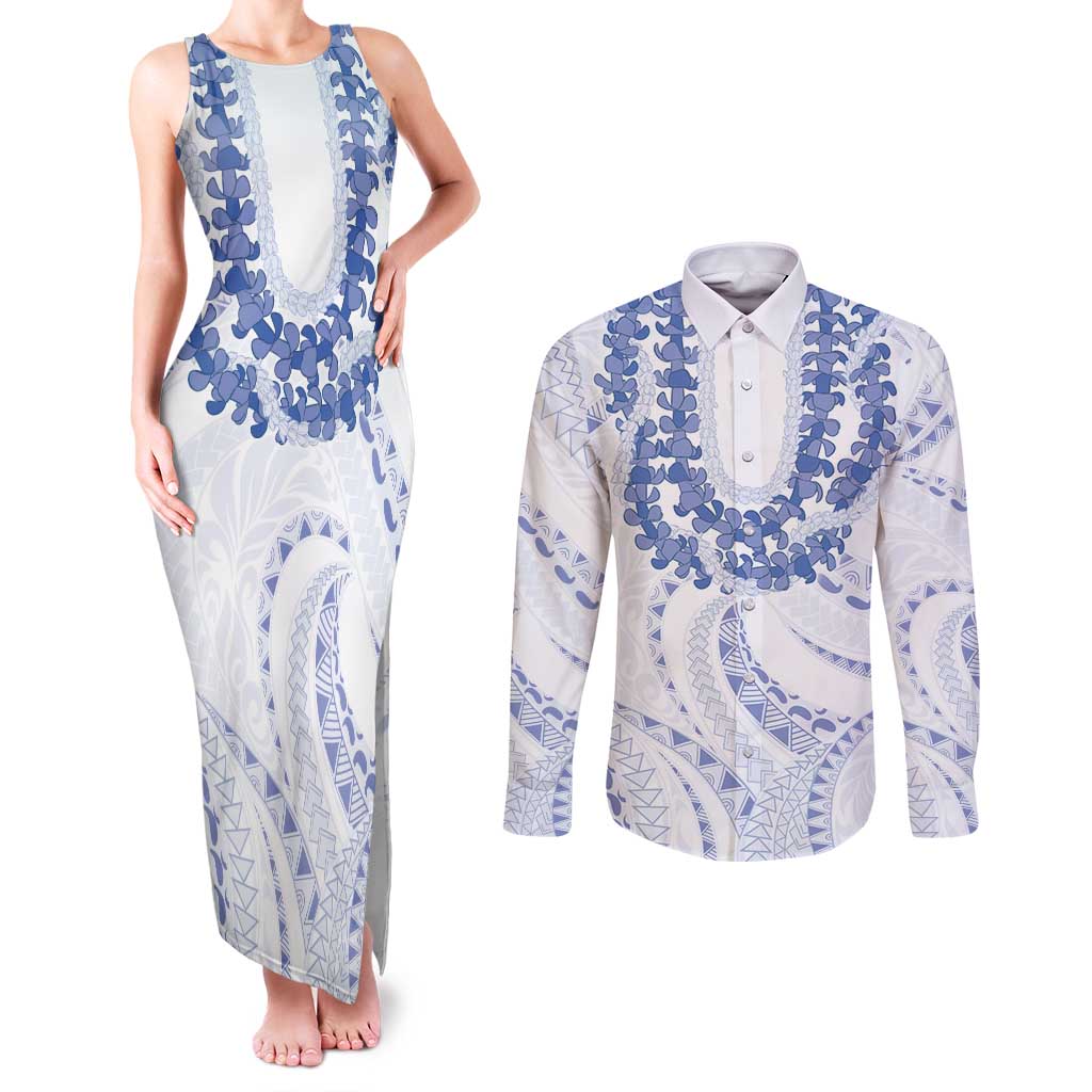 Aloha Lei Onaona Couples Matching Tank Maxi Dress and Long Sleeve Button Shirt Navy Blue Hawaiian Tribal Pattern