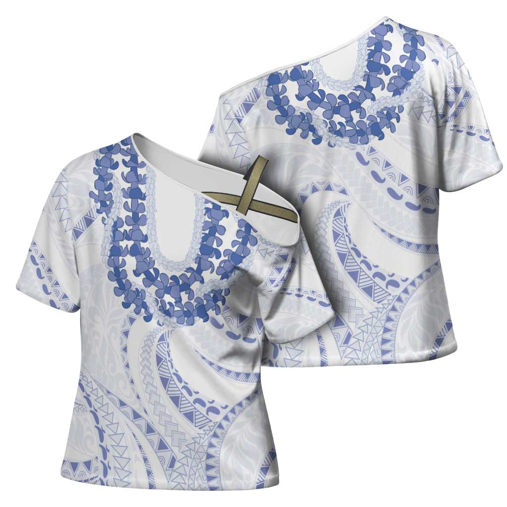 Aloha Lei Onaona Cross Shoulder Shirt Navy Blue Hawaiian Tribal Pattern - Polynesian Pride