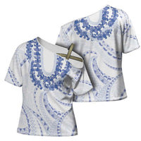 Aloha Lei Onaona Cross Shoulder Shirt Navy Blue Hawaiian Tribal Pattern - Polynesian Pride