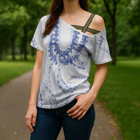 Aloha Lei Onaona Cross Shoulder Shirt Navy Blue Hawaiian Tribal Pattern - Polynesian Pride