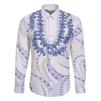 Aloha Lei Onaona Family Matching Puletasi and Hawaiian Shirt Navy Blue Hawaiian Tribal Pattern LT9 Dad's Shirt - Long Sleeve Blue - Polynesian Pride