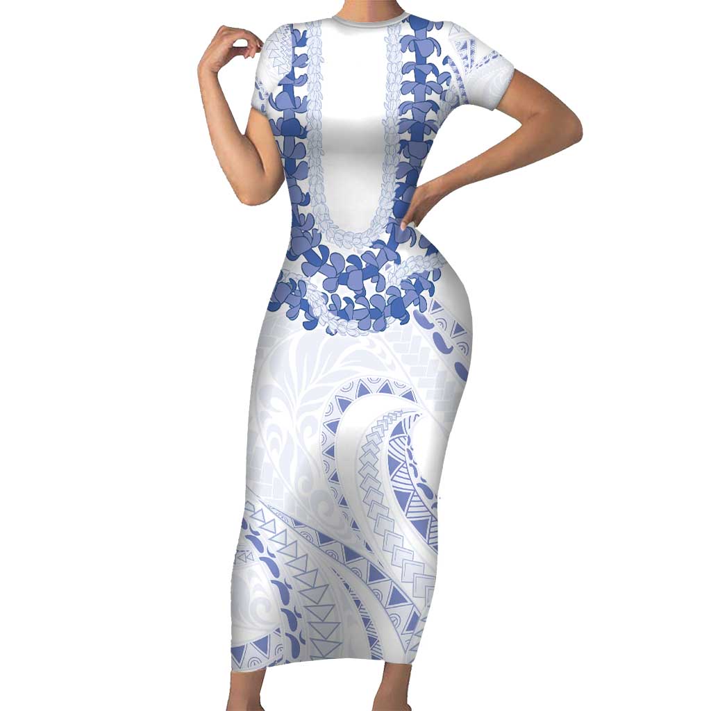 Aloha Lei Onaona Family Matching Short Sleeve Bodycon Dress and Hawaiian Shirt Navy Blue Hawaiian Tribal Pattern LT9 Mom's Dress Blue - Polynesian Pride