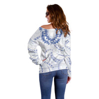 Aloha Lei Onaona Off Shoulder Sweater Navy Blue Hawaiian Tribal Pattern