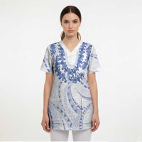 Aloha Lei Onaona Scrub Top Navy Blue Hawaiian Tribal Pattern - Polynesian Pride