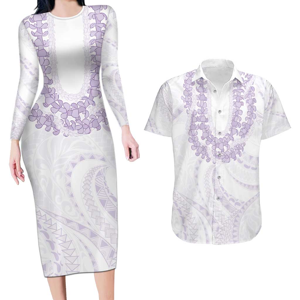 Aloha Lei Onaona Couples Matching Long Sleeve Bodycon Dress and Hawaiian Shirt Purple Hawaiian Tribal Pattern
