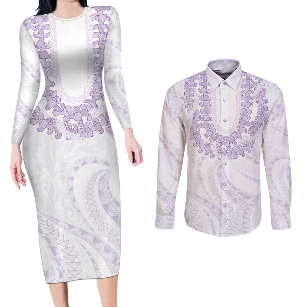 Aloha Lei Onaona Couples Matching Long Sleeve Bodycon Dress and Long Sleeve Button Shirt Purple Hawaiian Tribal Pattern