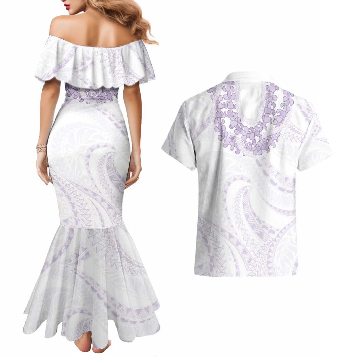 Aloha Lei Onaona Couples Matching Mermaid Dress and Hawaiian Shirt Purple Hawaiian Tribal Pattern LT9 - Polynesian Pride
