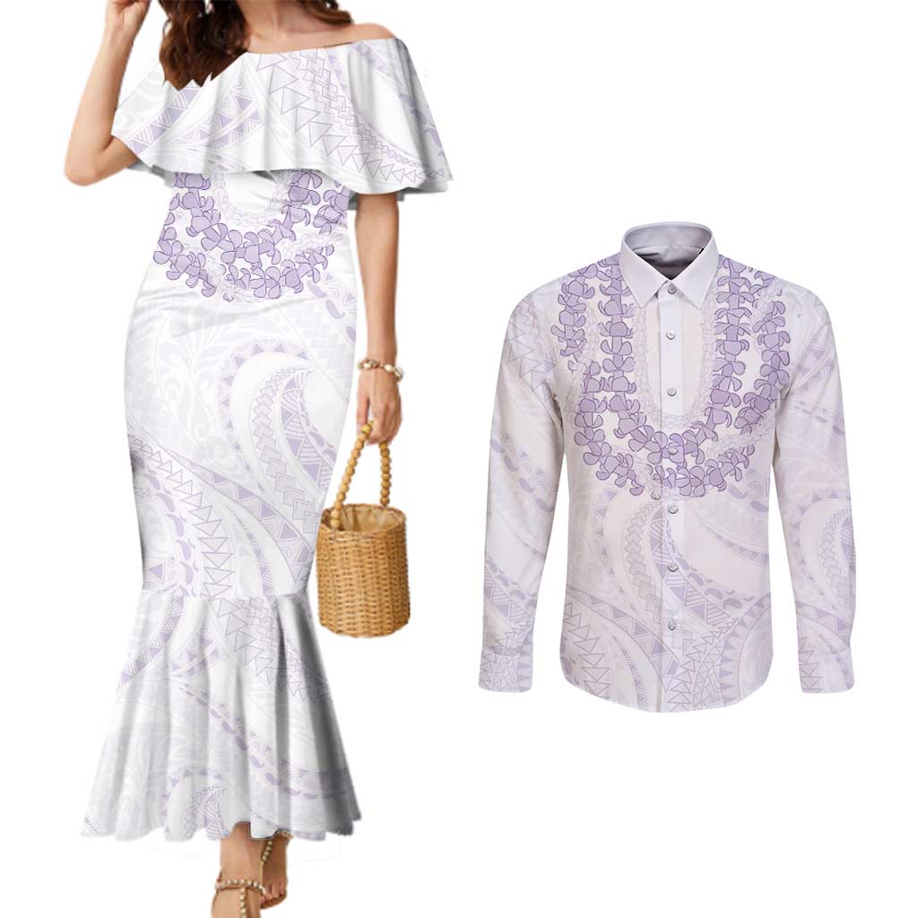 Aloha Lei Onaona Couples Matching Mermaid Dress and Long Sleeve Button Shirt Purple Hawaiian Tribal Pattern