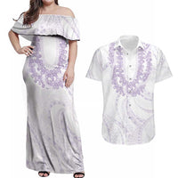 Aloha Lei Onaona Couples Matching Off Shoulder Maxi Dress and Hawaiian Shirt Purple Hawaiian Tribal Pattern LT9 Purple - Polynesian Pride
