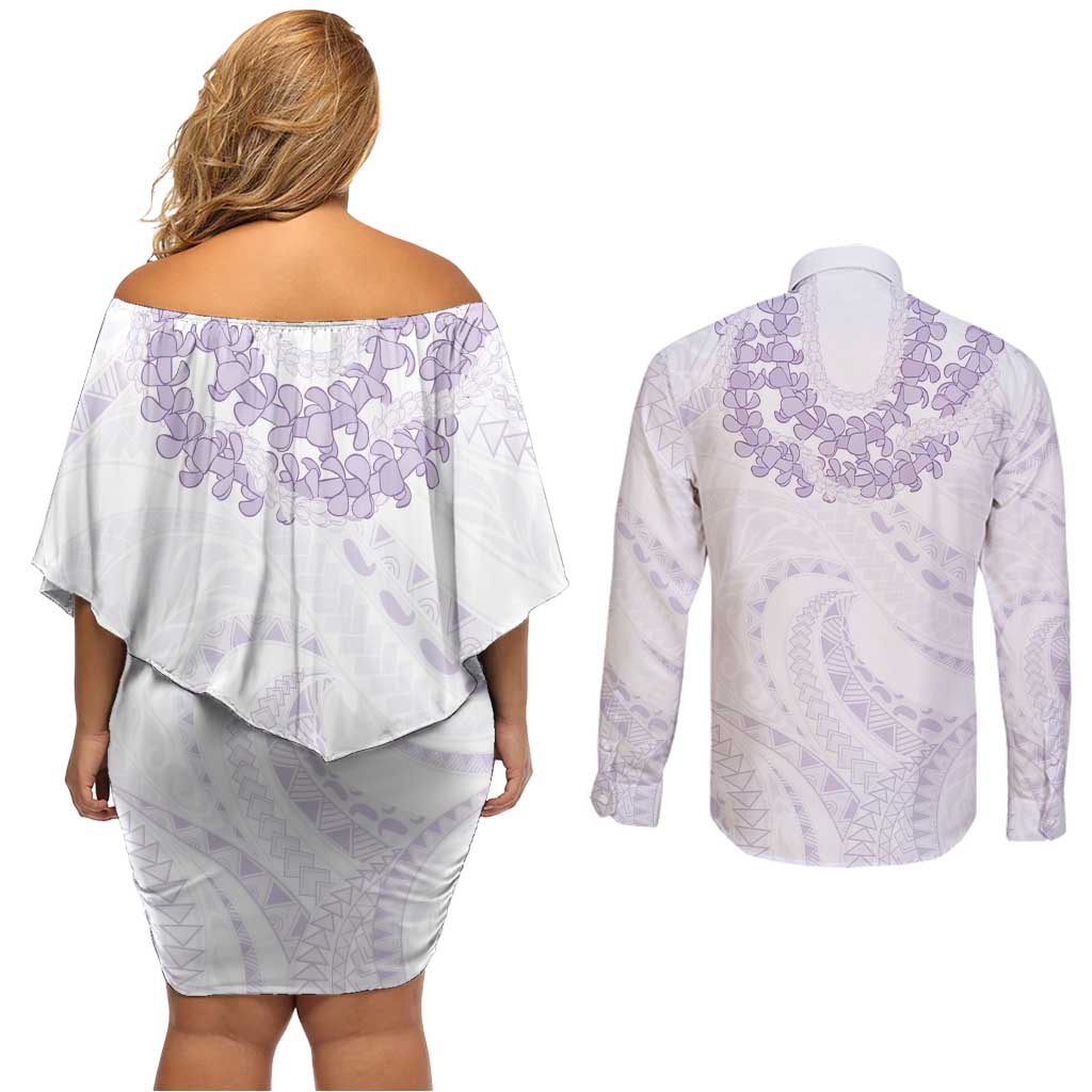 Aloha Lei Onaona Couples Matching Off Shoulder Short Dress and Long Sleeve Button Shirt Purple Hawaiian Tribal Pattern LT9 - Polynesian Pride