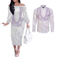 Aloha Lei Onaona Couples Matching Off The Shoulder Long Sleeve Dress and Long Sleeve Button Shirt Purple Hawaiian Tribal Pattern LT9 Purple - Polynesian Pride
