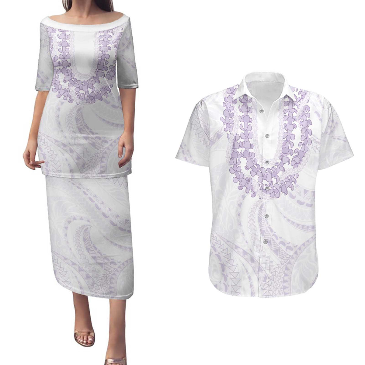 Aloha Lei Onaona Couples Matching Puletasi and Hawaiian Shirt Purple Hawaiian Tribal Pattern LT9 Purple - Polynesian Pride