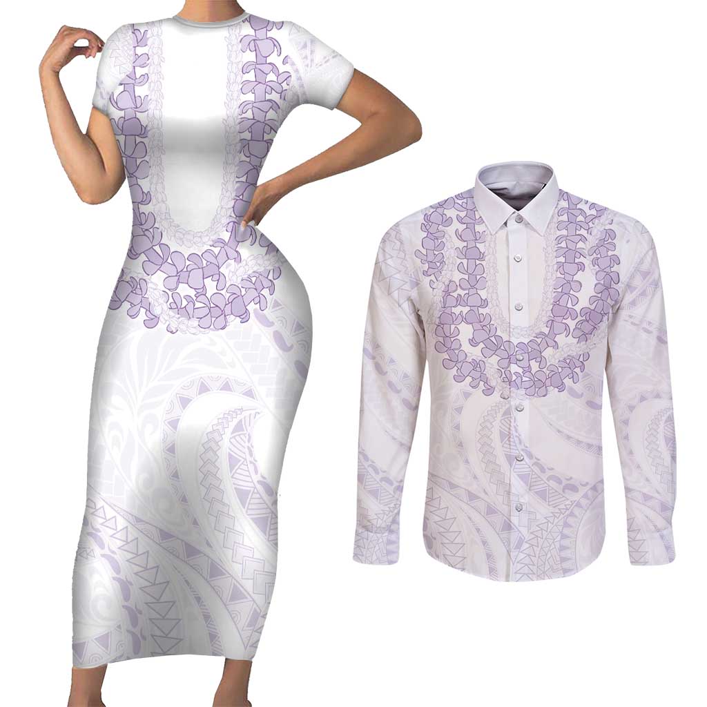 Aloha Lei Onaona Couples Matching Short Sleeve Bodycon Dress and Long Sleeve Button Shirt Purple Hawaiian Tribal Pattern