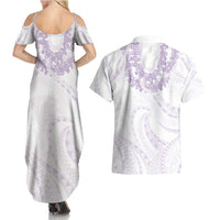 Aloha Lei Onaona Couples Matching Summer Maxi Dress and Hawaiian Shirt Purple Hawaiian Tribal Pattern LT9 - Polynesian Pride