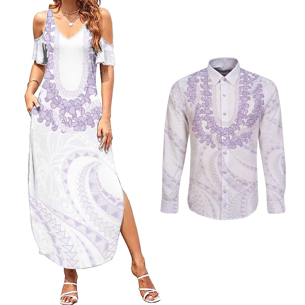 Aloha Lei Onaona Couples Matching Summer Maxi Dress and Long Sleeve Button Shirt Purple Hawaiian Tribal Pattern LT9 Purple - Polynesian Pride