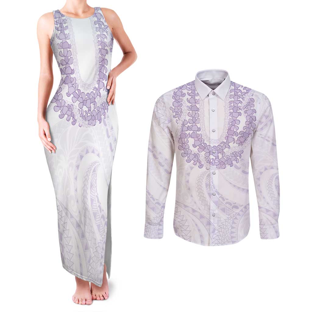 Aloha Lei Onaona Couples Matching Tank Maxi Dress and Long Sleeve Button Shirt Purple Hawaiian Tribal Pattern LT9 Purple - Polynesian Pride