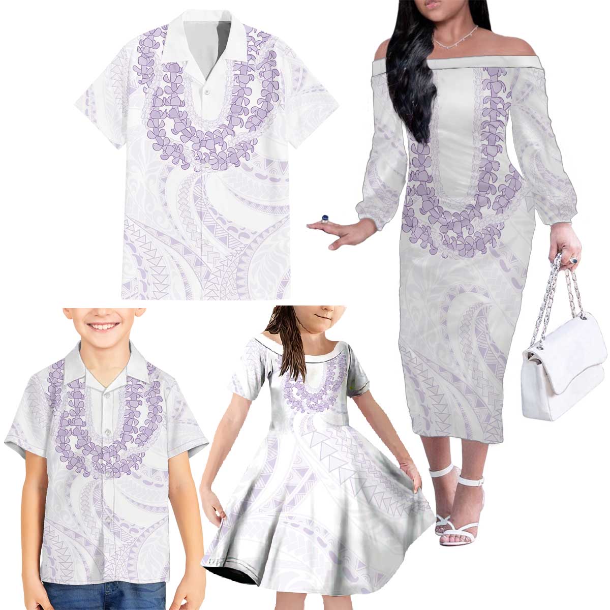 Aloha Lei Onaona Family Matching Off The Shoulder Long Sleeve Dress and Hawaiian Shirt Purple Hawaiian Tribal Pattern