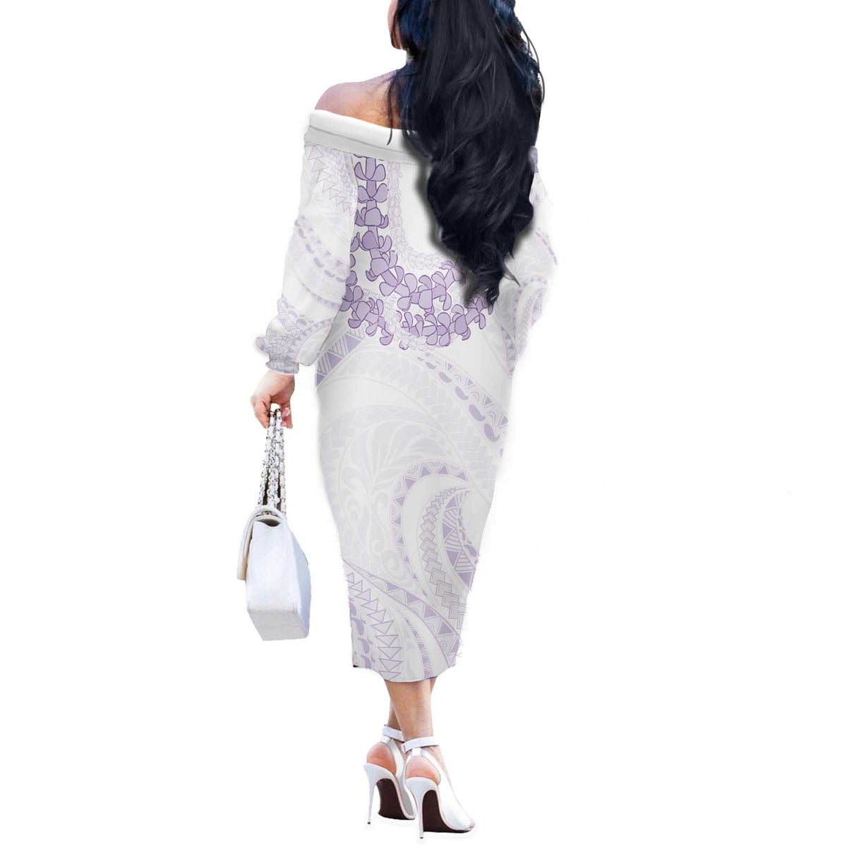 Aloha Lei Onaona Off The Shoulder Long Sleeve Dress Purple Hawaiian Tribal Pattern