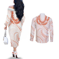 Aloha Lei Onaona Couples Matching Off The Shoulder Long Sleeve Dress and Long Sleeve Button Shirt Red Hawaiian Tribal Pattern LT9 - Polynesian Pride