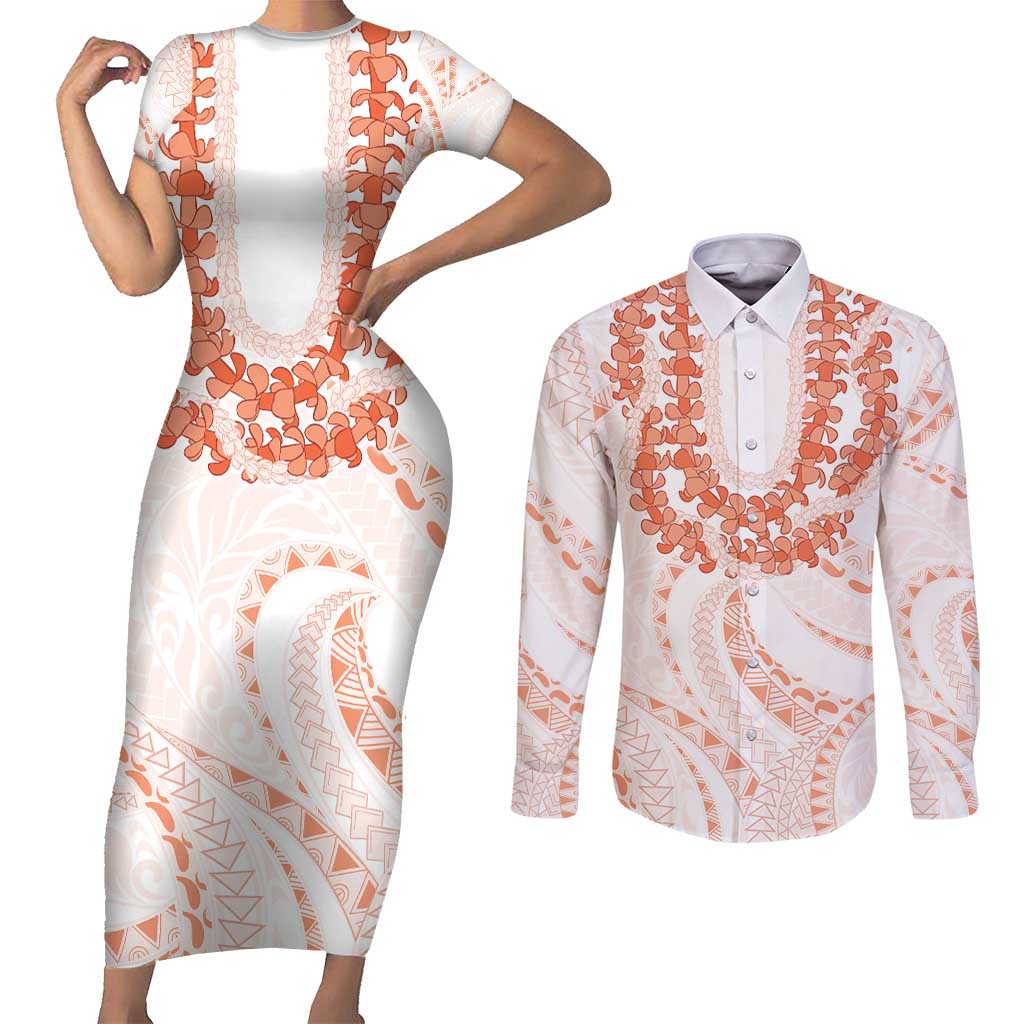 Aloha Lei Onaona Couples Matching Short Sleeve Bodycon Dress and Long Sleeve Button Shirt Red Hawaiian Tribal Pattern