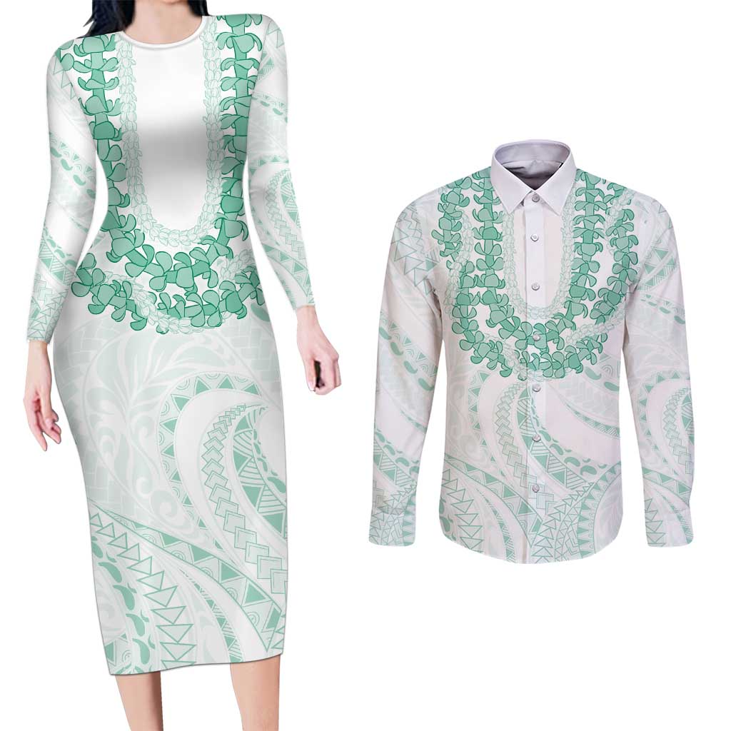 Aloha Lei Onaona Couples Matching Long Sleeve Bodycon Dress and Long Sleeve Button Shirt Sage Green Hawaiian Tribal Pattern