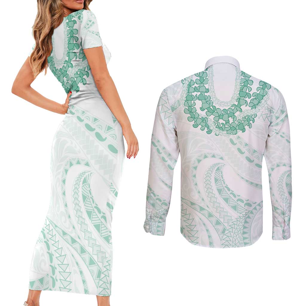 Aloha Lei Onaona Couples Matching Short Sleeve Bodycon Dress and Long Sleeve Button Shirt Sage Green Hawaiian Tribal Pattern LT9 - Polynesian Pride