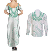 Aloha Lei Onaona Couples Matching Summer Maxi Dress and Long Sleeve Button Shirt Sage Green Hawaiian Tribal Pattern LT9 - Polynesian Pride
