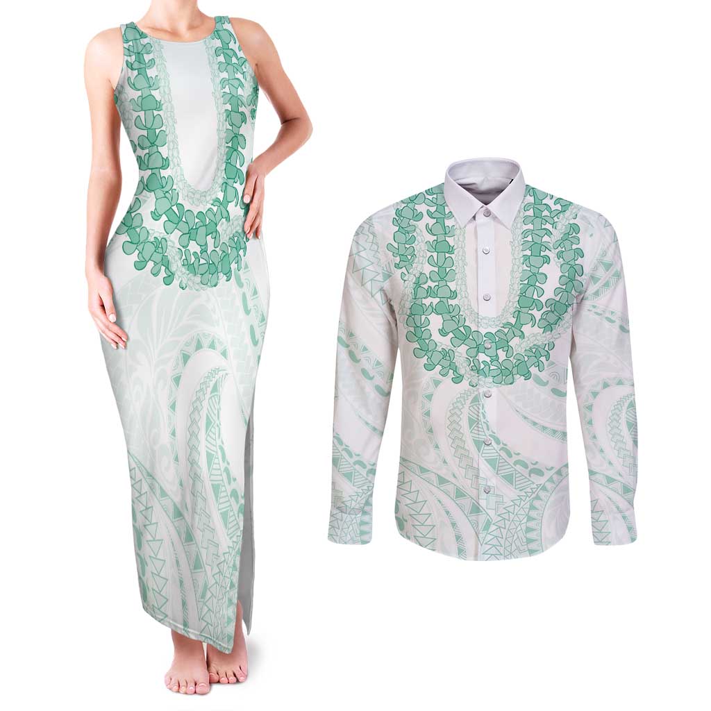 Aloha Lei Onaona Couples Matching Tank Maxi Dress and Long Sleeve Button Shirt Sage Green Hawaiian Tribal Pattern LT9 Green - Polynesian Pride
