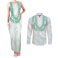 Aloha Lei Onaona Couples Matching Tank Maxi Dress and Long Sleeve Button Shirt Sage Green Hawaiian Tribal Pattern LT9 Green - Polynesian Pride