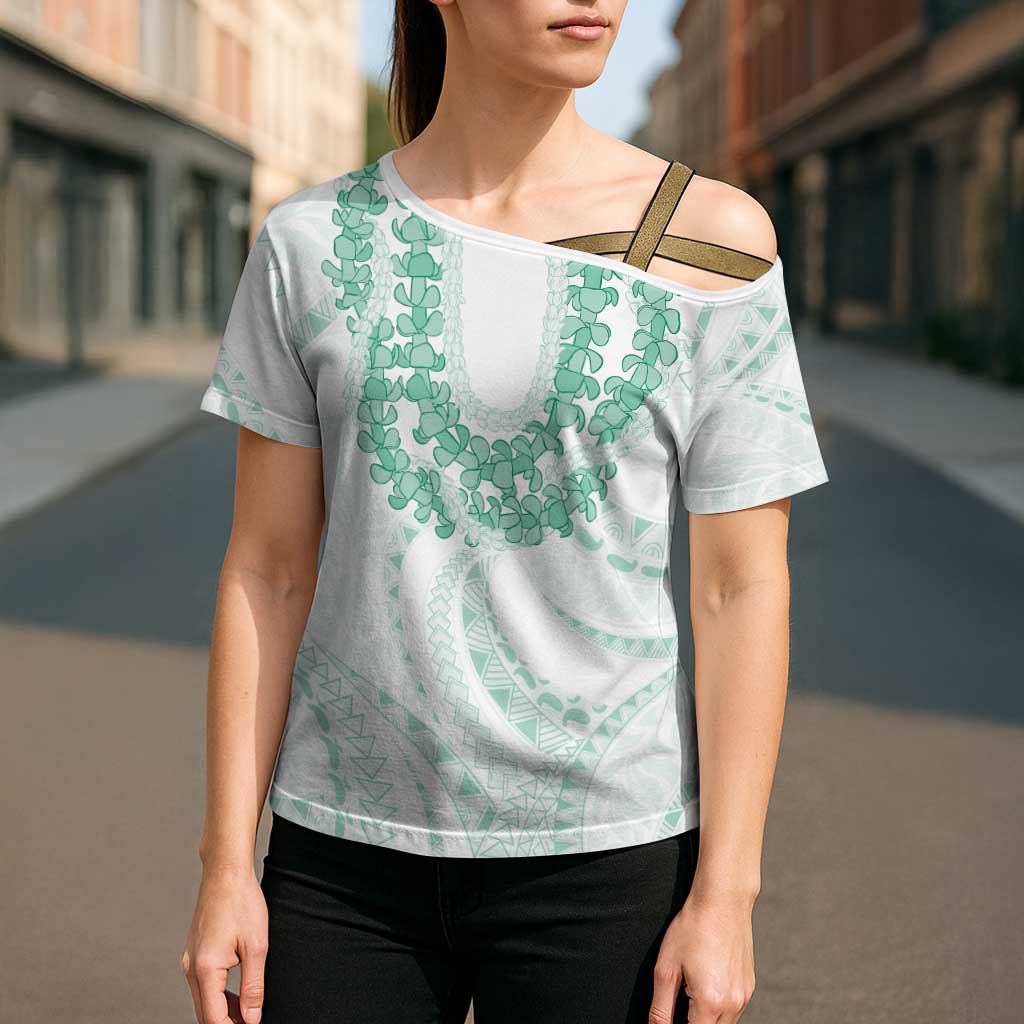 Aloha Lei Onaona Cross Shoulder Shirt Sage Green Hawaiian Tribal Pattern - Polynesian Pride